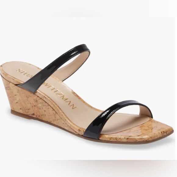 Stuart Weitzman Aleena Wedge Slide Sandal. Square toes. Black patent straps. 6 - Picture 1 of 7